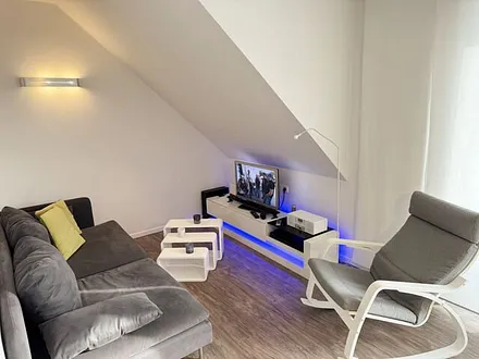 Wohnbereich mit Couch, Kaminofen, Smart-TV, Blu-Ray-Player u.a. mit CD- und Radiofunktion sowie Gesellschaftsspielen