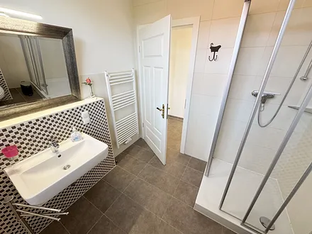 Badezimmer mit Dusche und Waschbecken