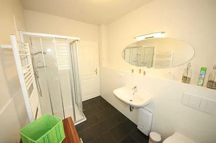 gefliestes Badezimmer mit ebenerdiger Dusche, Waschplatz, WC, beheizten Handtuchhalter und Fön