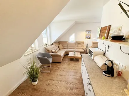 Wohnbereich mit Eckledercouch, Couchtisch, Leselampe, LED-TV, Radio, Mini-Stereo-Anlage mit USB-Anschluss und DVD - Player sowie CD-Player