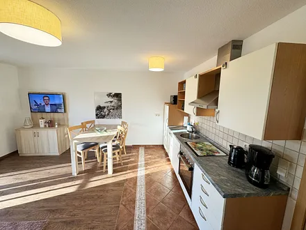 Küchenzeile mit Spülmaschine, Ceran-Kochfeld, Backofen, Kühlschrank mit 3 ***Gefrierfach, Toaster, Wasserkocher, Kaffeemaschine und diversen Küchenutensilien