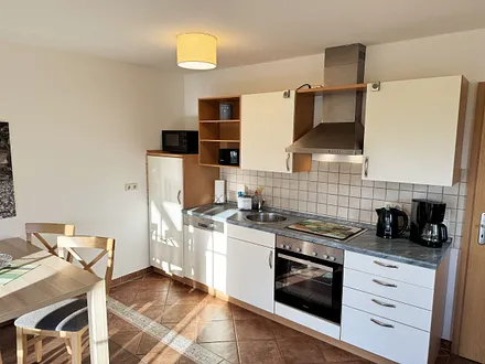 Küchenzeile mit Spülmaschine, Ceran-Kochfeld, Backofen, Kühlschrank mit 3 ***Gefrierfach, Toaster, Wasserkocher, Kaffeemaschine und diversen Küchenutensilien