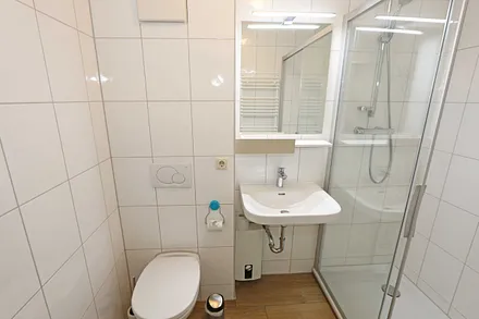 Badezimmer mit Dusche, Waschtisch, Fön und WC