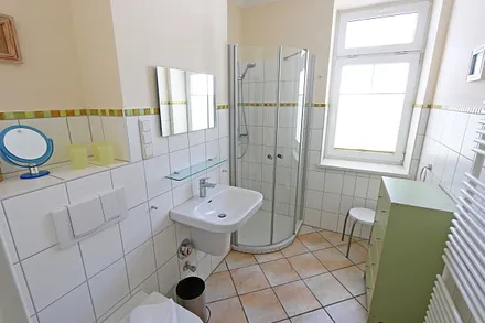 Tageslichtbad mit ebenerdiger Dusche, Waschplatz, Handtuchtrockner, WC und Fön