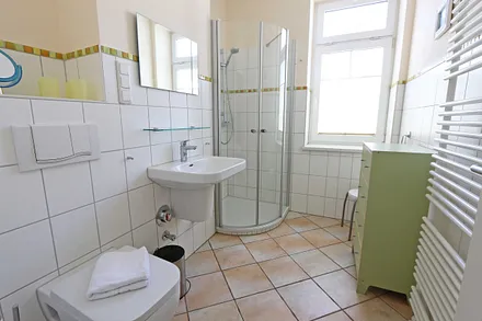 Tageslichtbad mit ebenerdiger Dusche, Waschplatz, Handtuchtrockner, WC und Fön