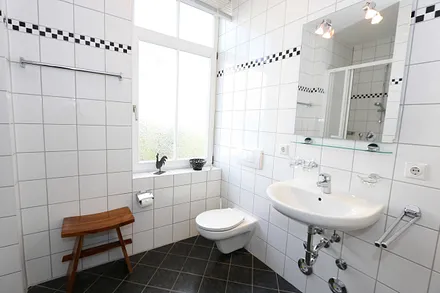 Tageslichtbad mit Dusche, Kosmetikspiegel, Fön, WC und Waschtisch