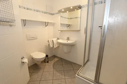 Badezimmer mit Dusche (flacher Einstieg), WC, Waschtisch und Fön 