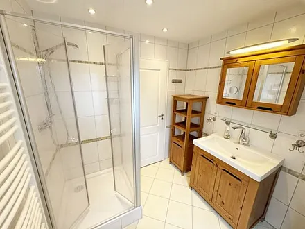 großzügiges Tageslichtbad mit Dusche, WC, Fön, Kosmetikspiegel und Waschtisch mit Spiegelschrank