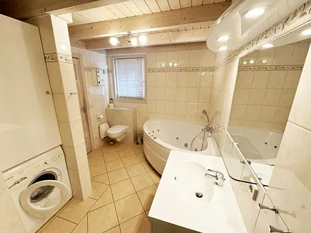 vollausgestattetes Badezimmer mit Dusche, Whirlpool-Badewanne, WC, Waschplatz, Fön, Kosmetikspiegel, Waschmaschine und Sauna
