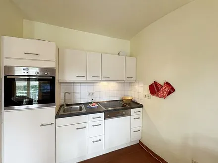 Küchenzeile mit Cerankochfeld, Spülmaschine, Backofen, Kaffeemaschine, Wasserkocher, Toaster, Kühlschrank und allen wichtigen Küchenutensilien 