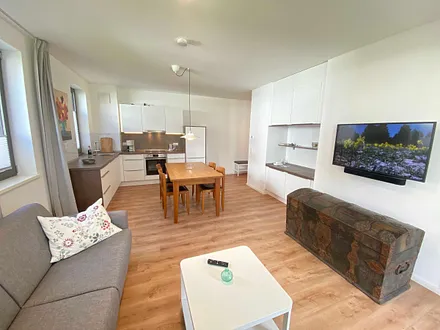 offener Wohnbereich mit angrenzender Küchenzeile