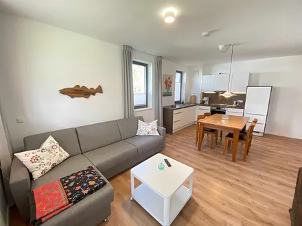 Wohnbereich mit bequemer Couch (1,40 m x 2,00 m), mobilem Couchtisch sowie einen Smart-TV mit Sono-Soundbar