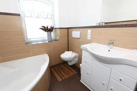 modernes Tageslichtbad mit Badewanne, ebenerdiger Dusche Waschplatz und WC