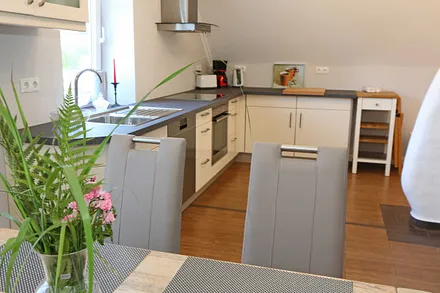 vollausgestattete Küche mit Geschirrspüler, Backofen mit Ceranfeld, Abzugshaube, großem Kühlschrank mit Eisfach, Mikrowelle, Kaffeemaschine, Toaster & Wasserkocher 