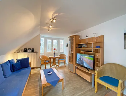 Wohnbereich mit Couch, Couchtisch sowie TV-Board, Leselampe, LCD-Flachbildschirm, Blu-Ray-Player und Mini-Stereo-Anlage sowie Insektenschutzgitter