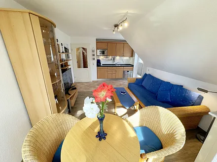 Wohnbereich mit Couch, Couchtisch sowie TV-Board, Leselampe, LCD-Flachbildschirm, Blu-Ray-Player und Mini-Stereo-Anlage sowie Insektenschutzgitter