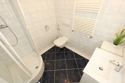 Badezimmer mit Dusche, Fön, Waschtisch, Kosmetikspiegel, WC und Handtuchheizkörper