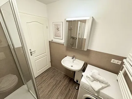 Badezimmer mit Eckdusche, Waschplatz, WC, Fön, Kosmetikspiegel, Handtuchheizkörper und Waschmaschine (Nutzung inklusive)