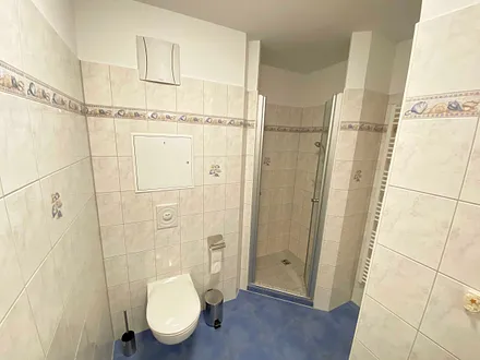 innenliegendes Badezimmer mit Waschtisch, ebenerdiger Dusche, Fön, Kosmetikspiegel, WC und beheizbaren Handtuch-Heizkörper