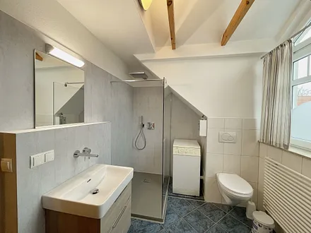 Badezimmer mit Dusche, WC, Fön, Waschmaschine (Münzgerät) sowie Fußbodenheizung und Handtuchtrockner