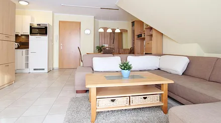 Wohnzimmer mit offener Küche und Essbereich