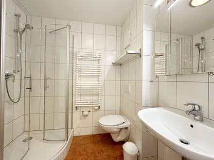 Badezimmer mit Dusche, Waschbecken und WC