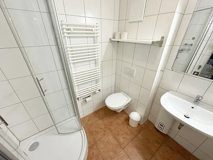 Badezimmer mit Dusche, Waschbecken und WC