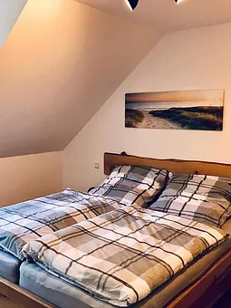 Schlafzimmer mit TV und Doppelbett im OG