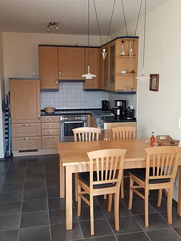 Die offene Küche mit Ceranfeld und Geschirrspüler