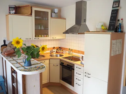 Küchenecke mit Geschirrspüler (Holzfront), Backofen+Ceranfeld, Kühlschrank m. Gefrierfach