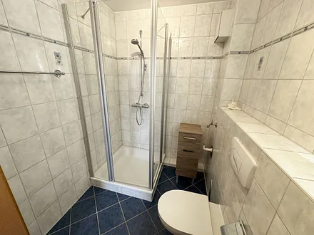 Badezimmer mit Dusche, Waschtisch und WC