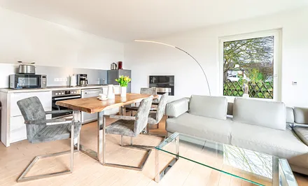 Wohnzimmer mit Schlafsofa und Küchenblock und Bio-Kamin