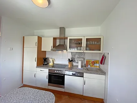 angrenzende Küchenzeile mit Geschirrspüler, Mikrowelle, Ceranfeld, Backofen, Kühlschrank mit Gefrierfach, Wasserkocher, Toaster, Kaffeemaschine und diversen Küchenutensilien 