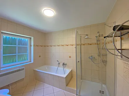 Tageslichtbad mit Badewanne, separater Dusche, großen Waschtisch, Fön und WC 