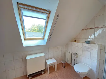 Tageslichtbad mit Dusche, Waschtisch, WC und Fön 