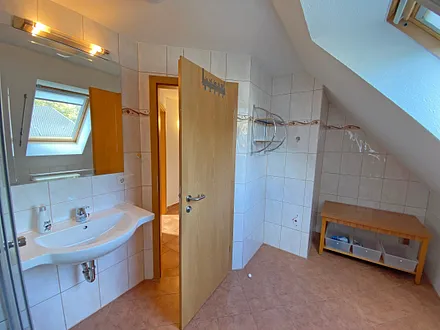 Tageslichtbad mit Dusche, Waschtisch, WC und Fön 