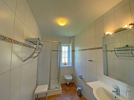 Tageslichtbad mit Dusche, Waschtisch, Fön, Wäscheständer und WC