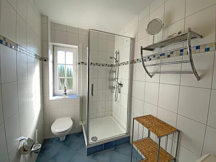 Tageslichtbad mit Dusche, Waschtisch, Fön, Kosmetikspiegel, Wäscheständer und WC 