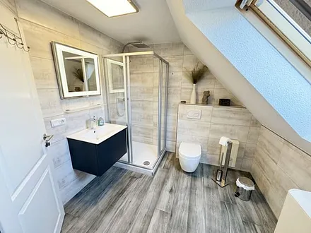 Tageslichtbad mit Dusche, Waschtisch, WC und Fön 