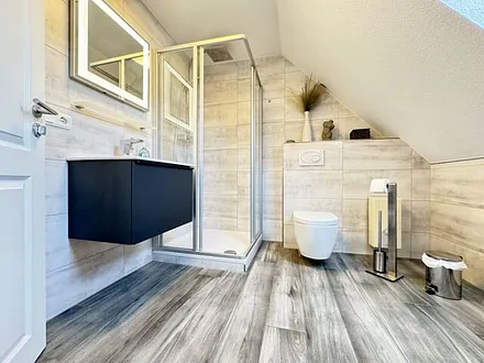 Tageslichtbad mit Dusche, Waschtisch, WC und Fön 