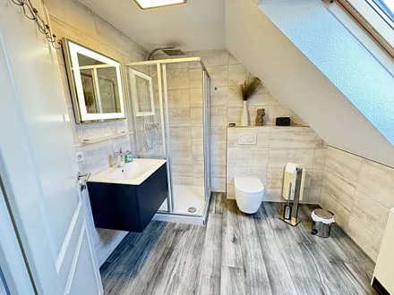 Tageslichtbad mit Dusche, Waschtisch, WC und Fön 