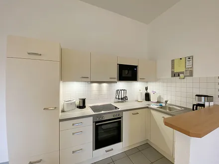 komplett ausgestattete Küchenzeile mit Geschirrspüler, Kühlschrank + Eisfach, 4 Zonen-Ceranfeld mit Backofen, Kaffeemaschine, Mikrowelle, Toaster und Wasserkocher