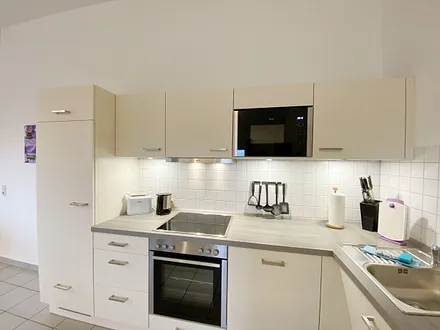 komplett ausgestattete Küchenzeile mit Geschirrspüler, Kühlschrank + Eisfach, 4 Zonen-Ceranfeld mit Backofen, Kaffeemaschine, Mikrowelle, Toaster und Wasserkocher