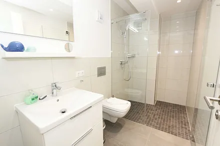 beide Badezimmer mit WC, ebenerdigen Dusche, Kosmetikspiegel, Fön, Handtuchtrockner sowie Waschplatz mit großzügigen Spiegeln und Ablageflächen