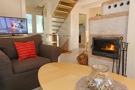 Wohnbereich mit Kamin und TV