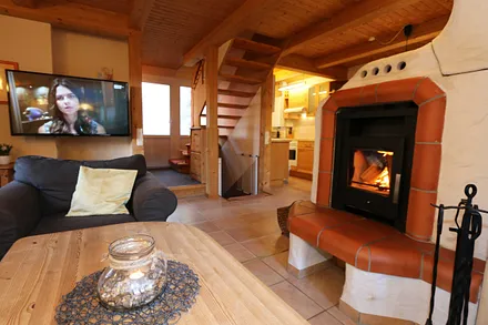 Wohnbereich mit Kamin und TV