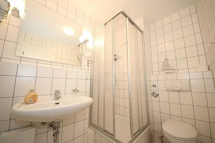 Badezimmer mit Dusche, WC und Fön 