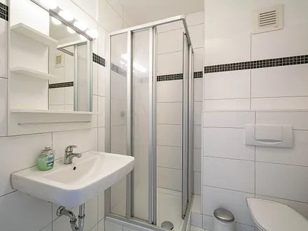 Das Bad mit Dusche und WC