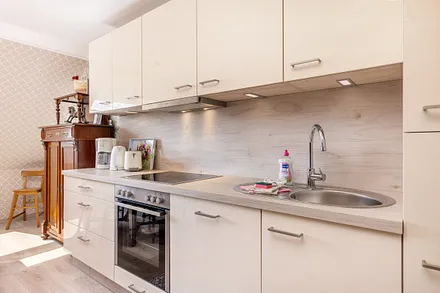 Die Küchenzeile mit Geschirrspüler, Backofen, Mikrowelle und Kühlgefrierkombination.