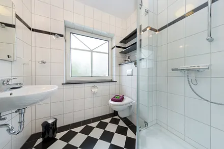 Das Bad mit Dusche, WC und Fön.